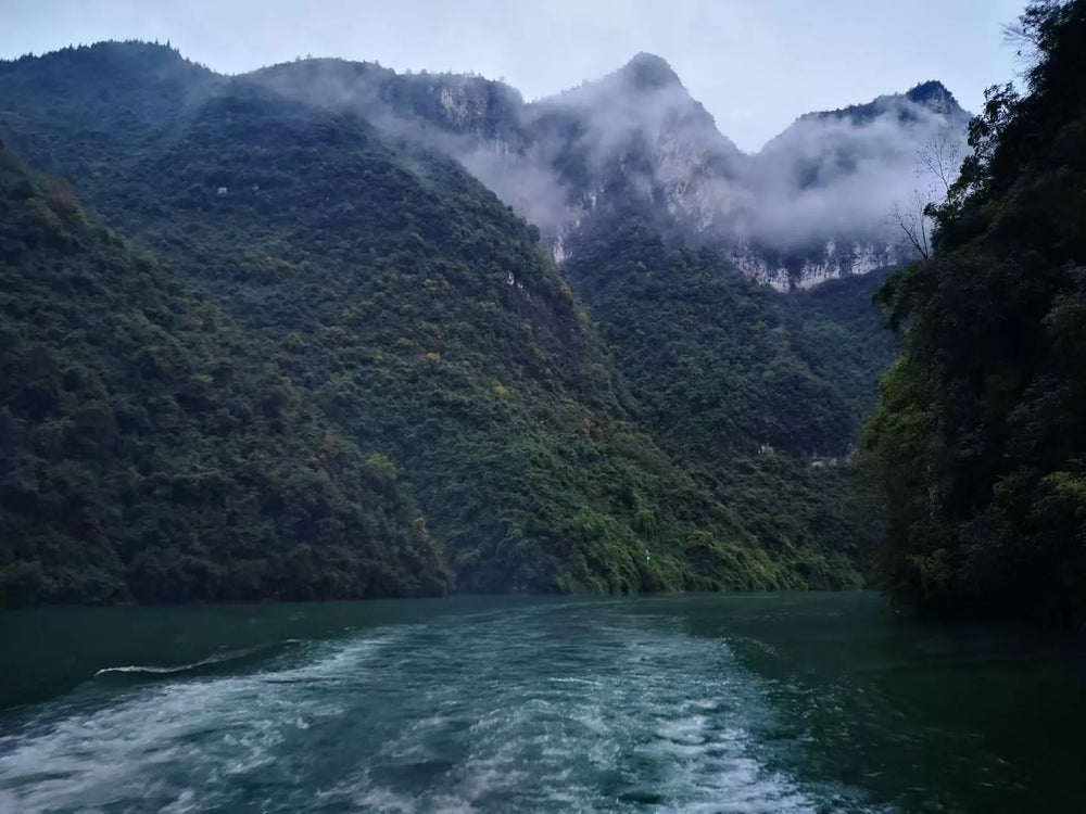 River scenery between mist-covered cliffs in the Three Gorges region