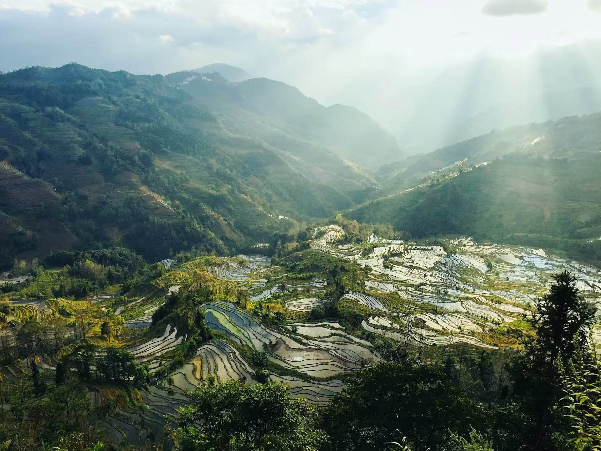 Sunlit rice terraces and mountains in Yunnan, China